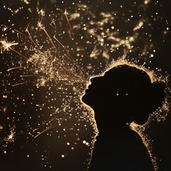 Wall Mural - Silhouette of a woman blowing sparkles in the air against a dark background.