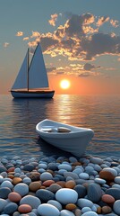 The beach during a red sunset, with a boat and colorful stones floating in the sea waves, surrounded by a beautiful distant scenery. 9:16  Ratio colorful phone wallpaper