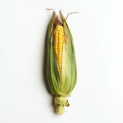 Wall Mural - Single ear of corn, partially shucked, isolated on white background.