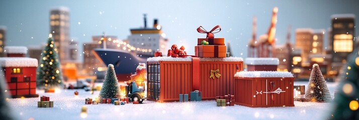 Wall Mural - Festive miniature cityscape with shipping containers transformed into giant Christmas gifts, surrounded by tiny trees and twinkling lights in snowy urban setting.