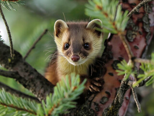 Wall Mural - A small animal with a long tail is sitting on a tree branch. The animal is brown and white in color