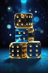 Casino craps dice close up dices floating in the air on a blurred blue background.