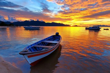 Coastal sunrise scenery, golden light, calm seas paint a breathtaking picture at dawn