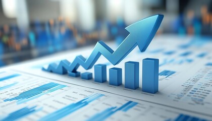 A arrow graph pointing upward against a background of financial charts and graphs, all in blue tones with a subtle white paper texture, representing economic growth and financial analysis.