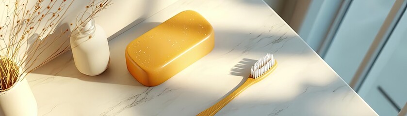 A modern bathroom scene featuring a yellow soap dish, toothbrush, and minimalistic decor with natural light for a fresh ambiance.