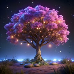 A mesmerizing 3D illustration of a glowing. mystical tree against a starry night sky.