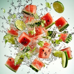 Wall Mural - Slices of watermelon and lime splashing in water against a green background.