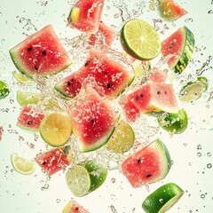 Wall Mural - Slices of watermelon and lime splashing in water on a white background.