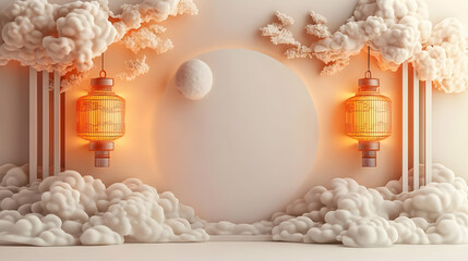 Wall Mural - 3D Lantern and Moon Border Frame with Copy Space concept as A border frame featuring a lantern and the moon on opposite corners creating a balanced design with ample copy space in the center. Mid Autu