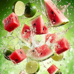 Canvas Print - Slices of watermelon and limes flying through the air, splashing water.