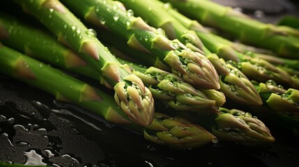 Wall Mural - Pile of fresh asparagus with glistening droplets of water. Advertising photography. Neural network ai generated art