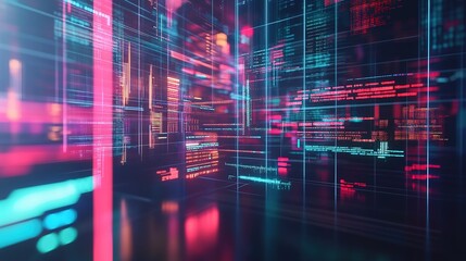 Vibrant digital abstract background filled with glowing lines and codes representing advanced technology and data visualization concepts