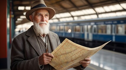 passenger with a hat and a map in his hand at the station