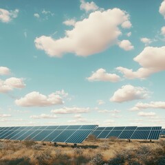 Wall Mural - Solar panels in a field under a bright blue sky with puffy white clouds.