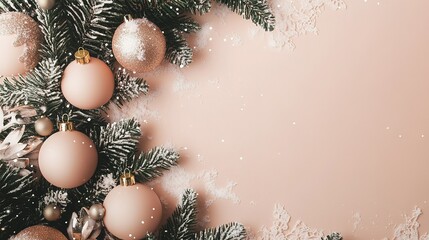 Wall Mural - Delicate pink and gold Christmas ornaments on a frosted evergreen branch with a soft pink background during the festive season