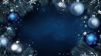 Wall Mural - Blue and silver Christmas ornaments with snowflakes and pine branches create a festive atmosphere for winter celebrations