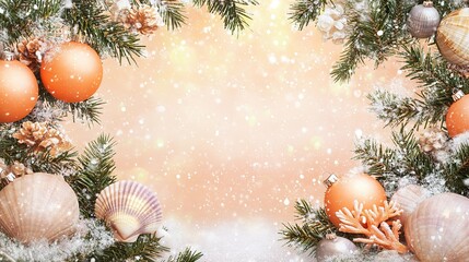 Festive winter decoration with orange ornaments and seashells amidst snowy greenery for a cheerful holiday atmosphere