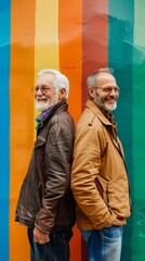 Joyful senior men standing back-to-back against vibrant rainbow-colored wall, radiating happiness and friendship in their golden years, celebrating diversity.