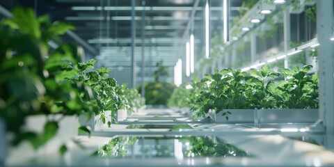 Wall Mural - A digital greenhouse with rows of hydroponic plants, showcasing sustainable agriculture and urban farming