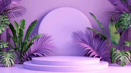 Wall Mural - Tropical paradise meets modern aesthetics in this vibrant purple podium display, surrounded by lush palm fronds and monstera leaves, creating a dreamy backdrop.