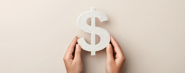 Hands holding a white dollar sign on a neutral background, symbolizing finance, business, and wealth management concepts.