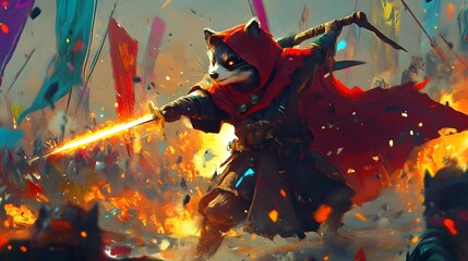 Fierce Ferret Warrior Leads Explosive Battlefield Charge in Vibrant Digital Painting