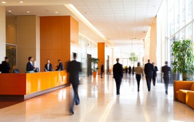 Wall Mural - A modern office lobby with professionals interacting and a welcoming reception area.