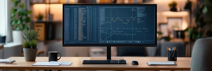 Fototapete - An expert is deeply focused on a large monitor, analyzing data while surrounded by a neat workspace with coffee and notes. Generative AI