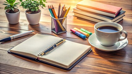 A neatly organized desk with a notebook filled with highlighted and annotated pages, a cup of coffee, and a few scattered pens and paperweights nearby.