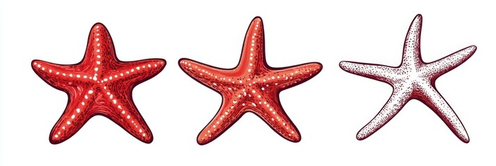 Doodle-style illustration of three red starfish on a white isolated background