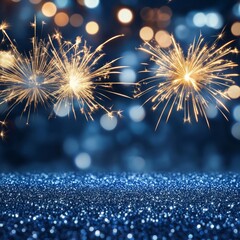 Canvas Print - Sparkling fireworks over a blue glitter background with bokeh lights.