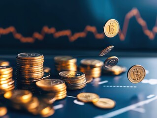 Aufkleber - Bitcoin coins on a digital financial chart background, illustrating cryptocurrency investment and digital currency market trends.
