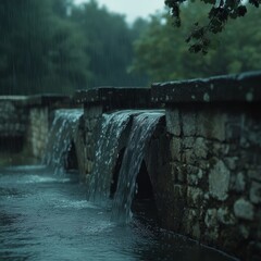 Canvas Print - Stone bridge with cascading water during a heavy rainfall.