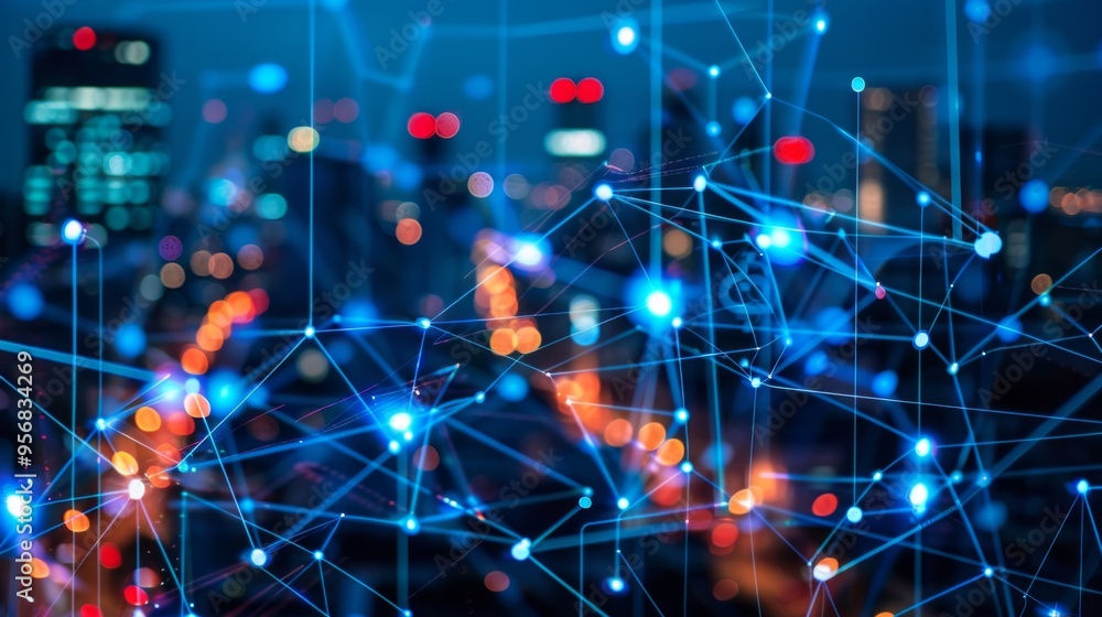 Connected network of digital nodes against a vibrant urban skyline at ...