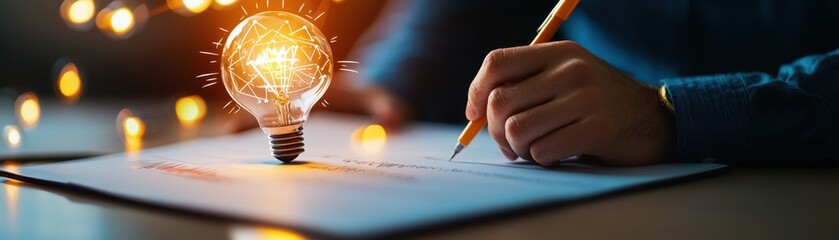 Creative moment captured with glowing light bulb beside a hand writing on paper, symbolizing innovation and ideas. Perfect for inspiration concepts.