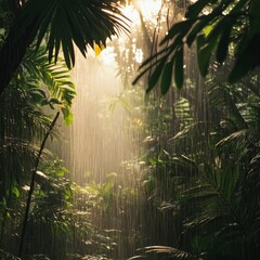 Wall Mural - Sunlight shining through rainforest foliage during a rainstorm.