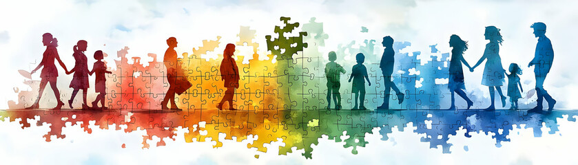 Wall Mural - Family Diversity Puzzle with Belonging Text concept as An isolated vector of puzzle pieces with diverse family members accompanied by the word Belonging in a soft inviting font. This design emphasizes