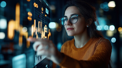 Wall Mural - Young woman wearing glasses using a digital touchscreen interface with data and graphs in a modern high-tech environment during nighttime.