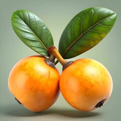 A pair of ripe loquats. freshly plucked from the branch. showcasing their vibrant orange hue and delicate green leaves.