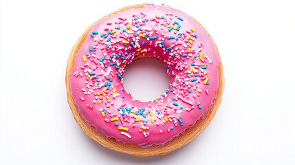 Wall Mural - Pink bright sweet donut in glaze with sprinkles. Delicious glazed donuts on a white background. Top view. generation AI