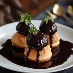 Poster - Three chocolate-covered cream puffs on a white plate with chocolate sauce, garnished with parsley.