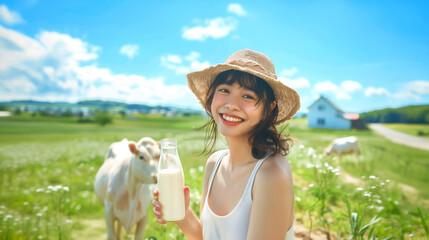 Asian farmer woman holding daily organic milk at outdoors green meadow and blue sky