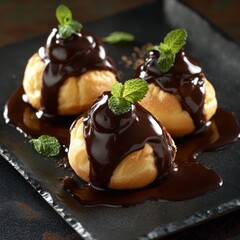 Poster - Three chocolate-covered cream puffs with mint garnish on a rustic black plate.