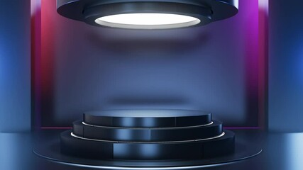 Wall Mural - Black room space with rotating round pedestal, exhibition podium or showcase and neon light in futuristic technology style. 3d realistic animation template for presentation product.