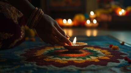 Canvas Print - A woman's hand lights an oil lamp, illuminating colorful rangoli for Diwali celebrations in her living room filled with candles and flowers