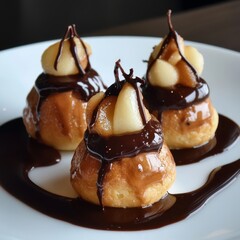 Poster - Three gourmet chocolate-covered pastries with pear filling on a white plate.