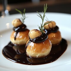 Wall Mural - Three gourmet pastries topped with chocolate sauce and a sprig of rosemary on a white plate.