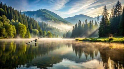 A serene morning scene featuring a lone fly fishing rod casting a line into a calm, misty lake surrounded by lush green forest and mountains.