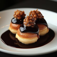 Canvas Print - Three mini donuts drizzled with chocolate sauce and topped with crunchy peanuts.