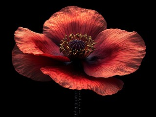 Canvas Print - Closeup of a Single Red Poppy Flower on a Black Background - Photographic Image